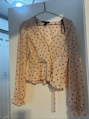 Forever 21 Cream Wrap Blouse with Black Heart Print